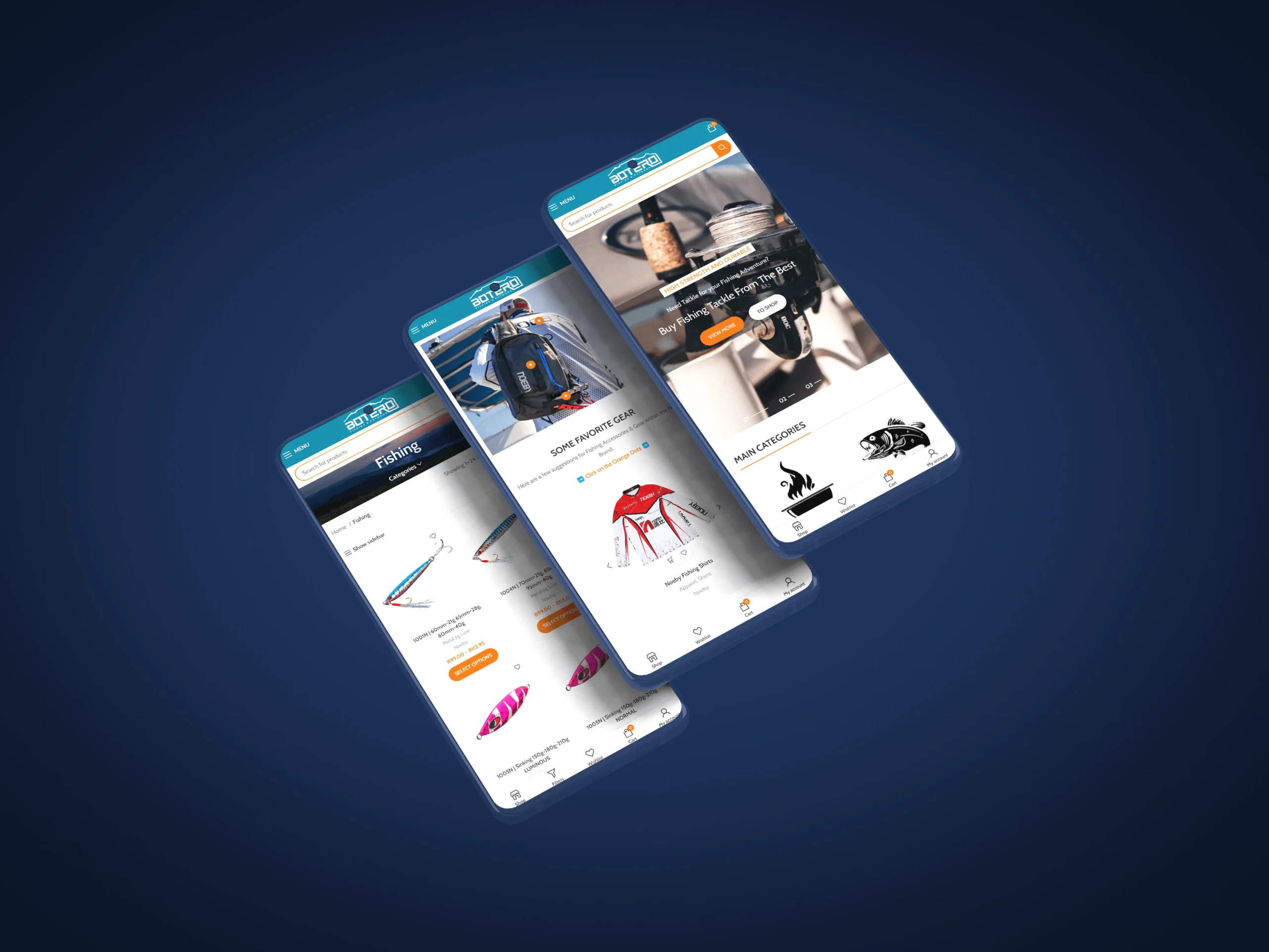 Fishing Outdoors WooCommerce website featuring species-specific search filters, terrain-based shopping, and an immersive user experience.