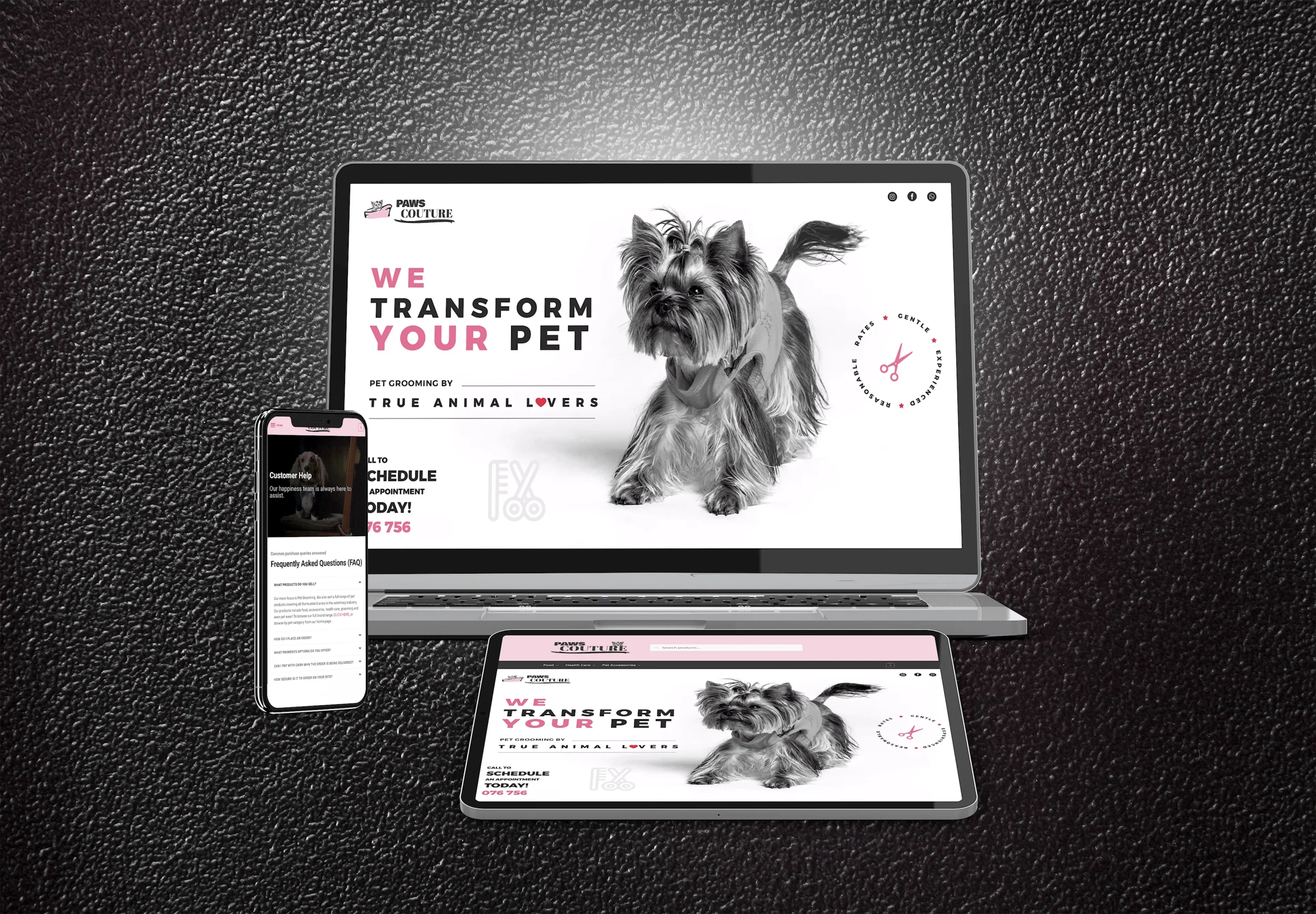 Project Groomers website showcasing elegant and playful design with online pet store functionality.