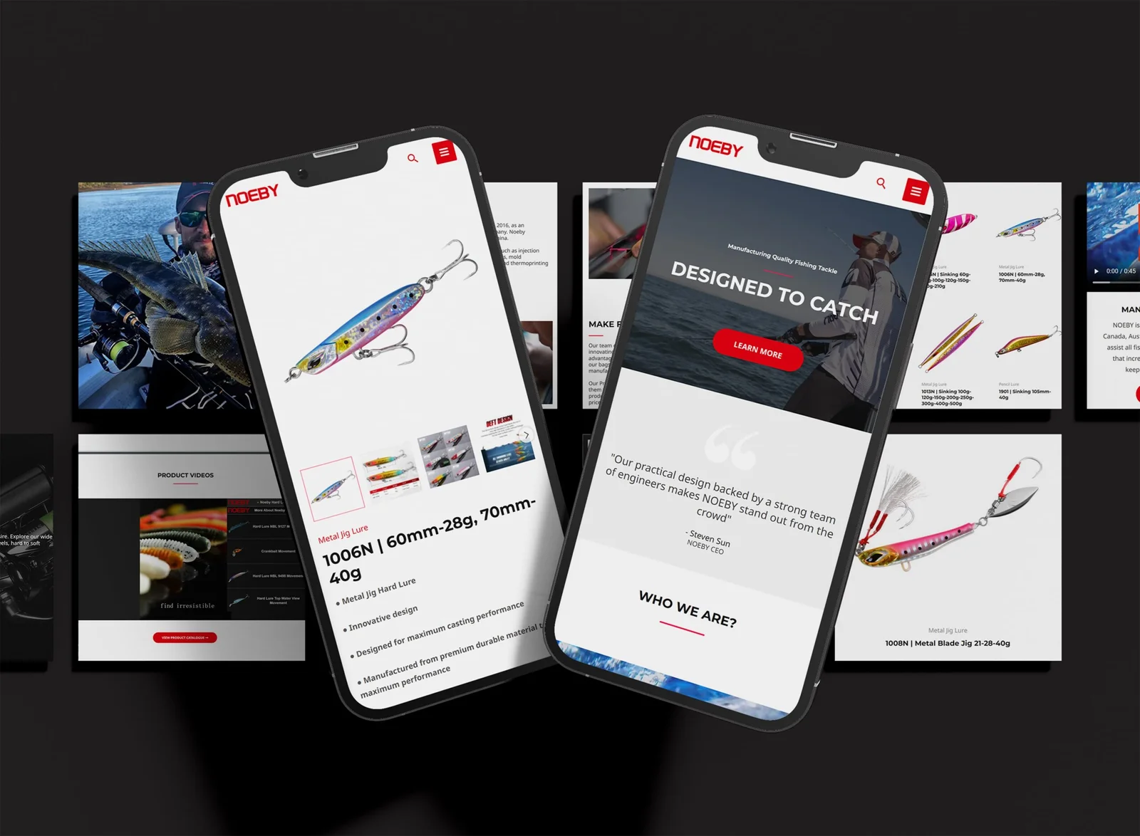 Mobile mockup of the Noeby WooCommerce website, showcasing a seamless shopping experience for fishing gear and accessories.